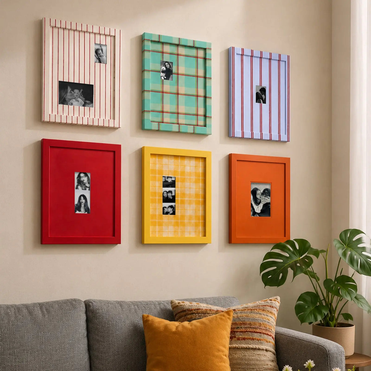 Eclectic Gallery Wall Frame Set – 6 Vintage Plaid Stripe Photo Frames-Photo paper size(2x1.5*4/2.5x3.5/5x7) Framzoo