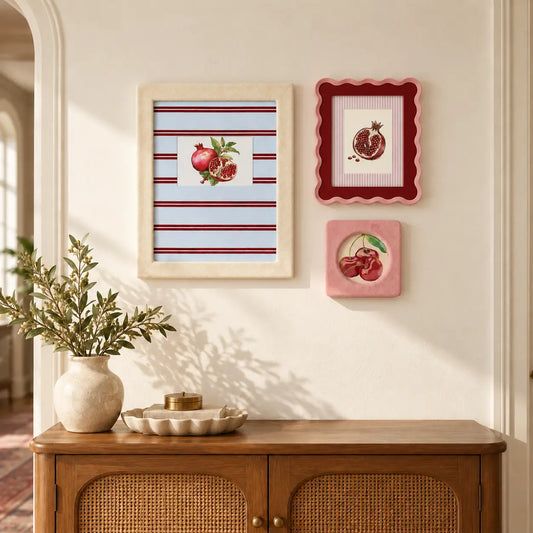 Mini Gallery Wall Set of 3, Vintage Fruit Picture Frames, Pomegranate & Cherry Art Prints, Cottagecore Aesthetic Home Decor Framzoo