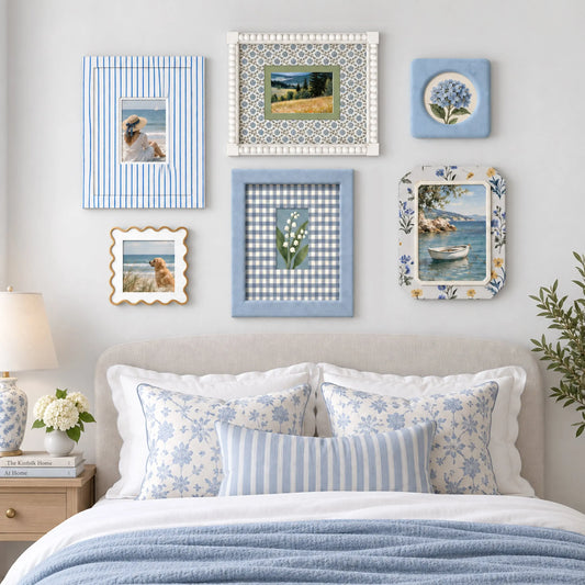 Blue Gallery Wall Set of 6, Coastal & Cottagecore Picture Frames, Mixed Pattern & Texture Photo Frames, Aesthetic Room Decor Framzoo