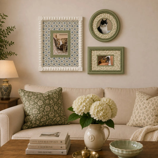 Vintage Floral Picture Frame Set, Beaded Wooden Photo Frame with Patterned Mat, Cottagecore Pet Picture Frame, Green Cream Wall Decor Gift Framzoo