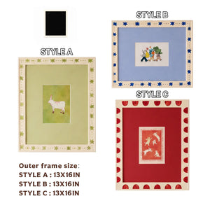 Folk Art Decorated Picture Frame Set of 3 ( 5X7 ), Scandinavian Star & Scallop Border Frames, Green Blue Red Whimsical Gallery Wall Frames Framzoo