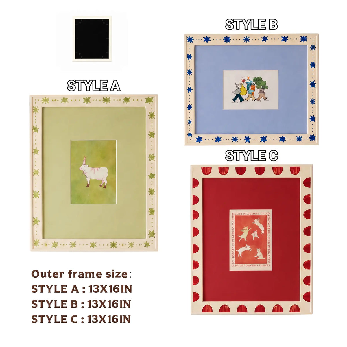 Folk Art Decorated Picture Frame Set of 3 ( 5X7 ), Scandinavian Star & Scallop Border Frames, Green Blue Red Whimsical Gallery Wall Frames Framzoo