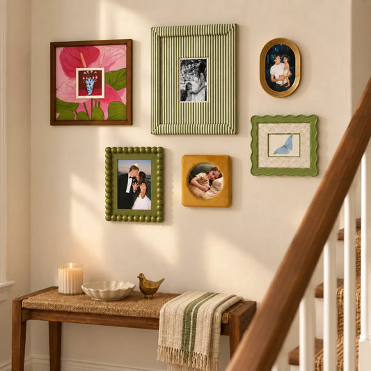 Eclectic Gallery Wall Set of 6, Mixed Picture Frames with Green Striped, Velvet, and Scalloped Frames, Aesthetic Photo Frame Kit for Living Room Framzoo