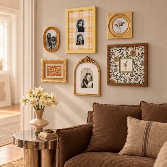 Golden Vintage Gallery Wall Set of 6, Mixed Picture Frames with Gold Ornate Arch, Plaid, and Scalloped Frames, Aesthetic Living Room Decor Framzoo