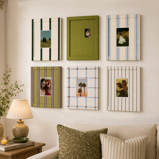 Rainbow Picture Frame Set of 6 | Fabric Wrapped Striped Frames | Olive Green Cream Blue Gallery Wall | Modern Farmhouse Photo Frames | Textured Home Wall Art Display Framzoo