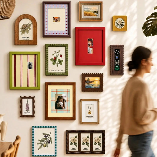 Eclectic Gallery Wall Frame Set, Vintage Cottagecore Wooden Mix Match Photo Frames-Photo paper size(1.6x2*4/4x4/4x6/2.5x3.5/5x7/8x10) Framzoo