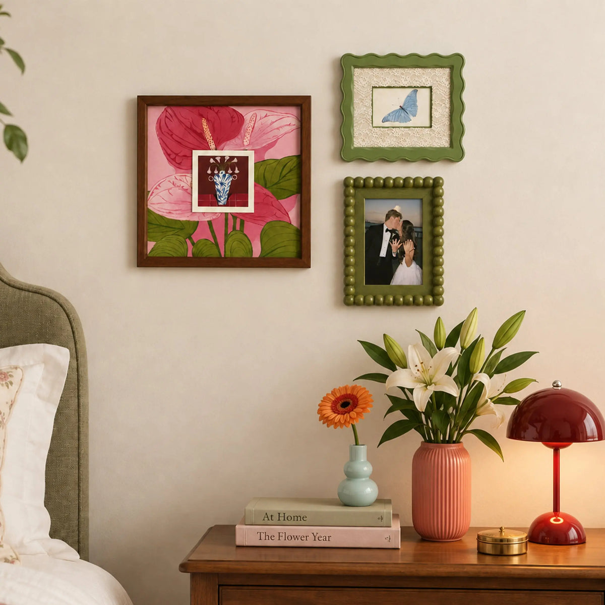 Eclectic Gallery Wall Set of 6, Mixed Picture Frames with Green Striped, Velvet, and Scalloped Frames, Aesthetic Photo Frame Kit for Living Room Framzoo