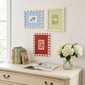 Folk Art Decorated Picture Frame Set of 3 ( 5X7 ), Scandinavian Star & Scallop Border Frames, Green Blue Red Whimsical Gallery Wall Frames Framzoo