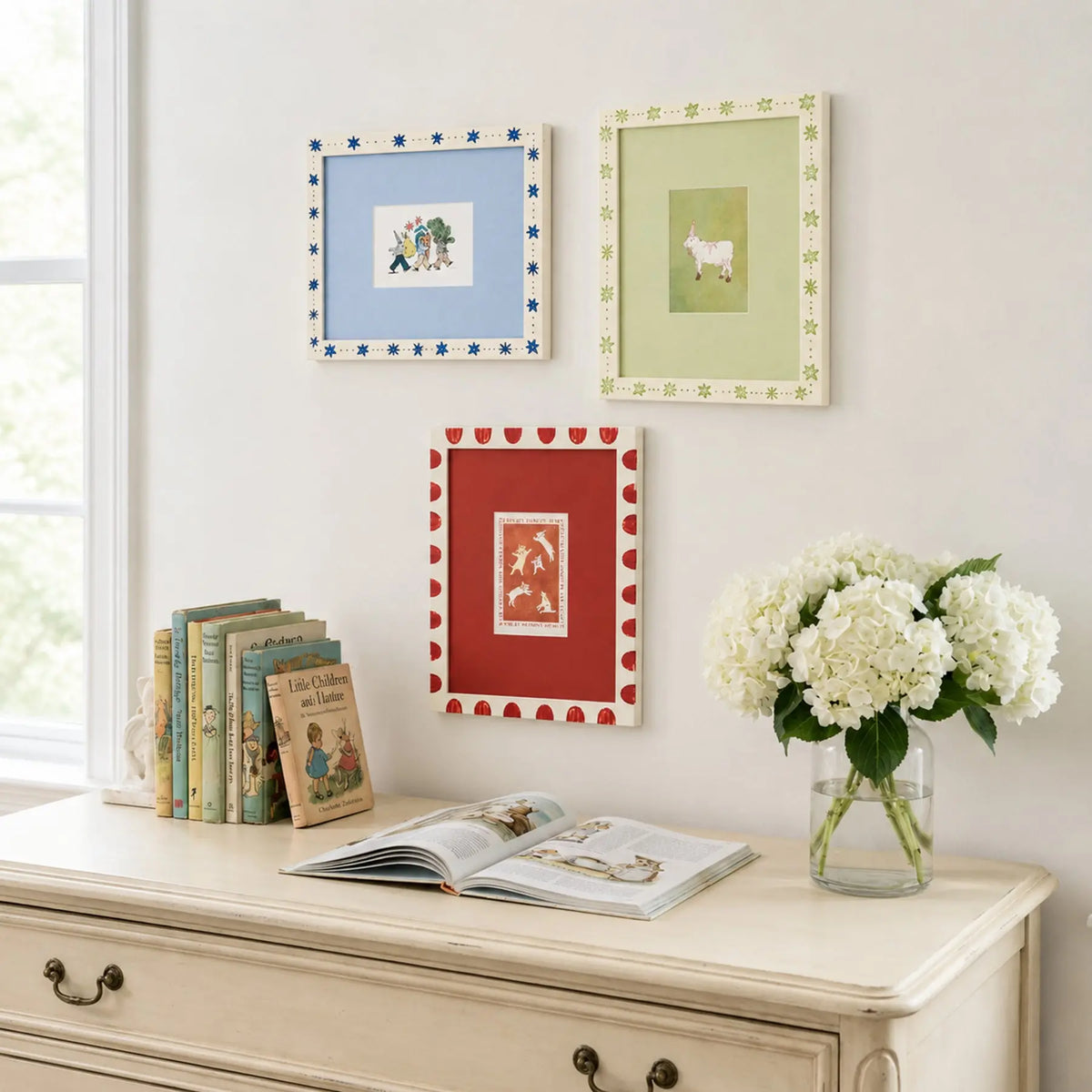 Folk Art Decorated Picture Frame Set of 3 ( 5X7 ), Scandinavian Star & Scallop Border Frames, Green Blue Red Whimsical Gallery Wall Frames Framzoo
