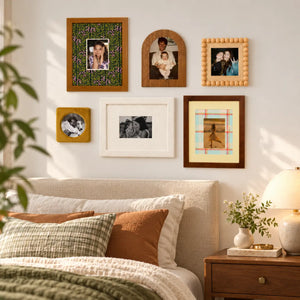 Picture Frame Set of 6 for Gallery Wall, Mixed Wood, Beaded & Velvet Photo Frames, Family Photo Display, Modern Boho Home Decor Framzoo