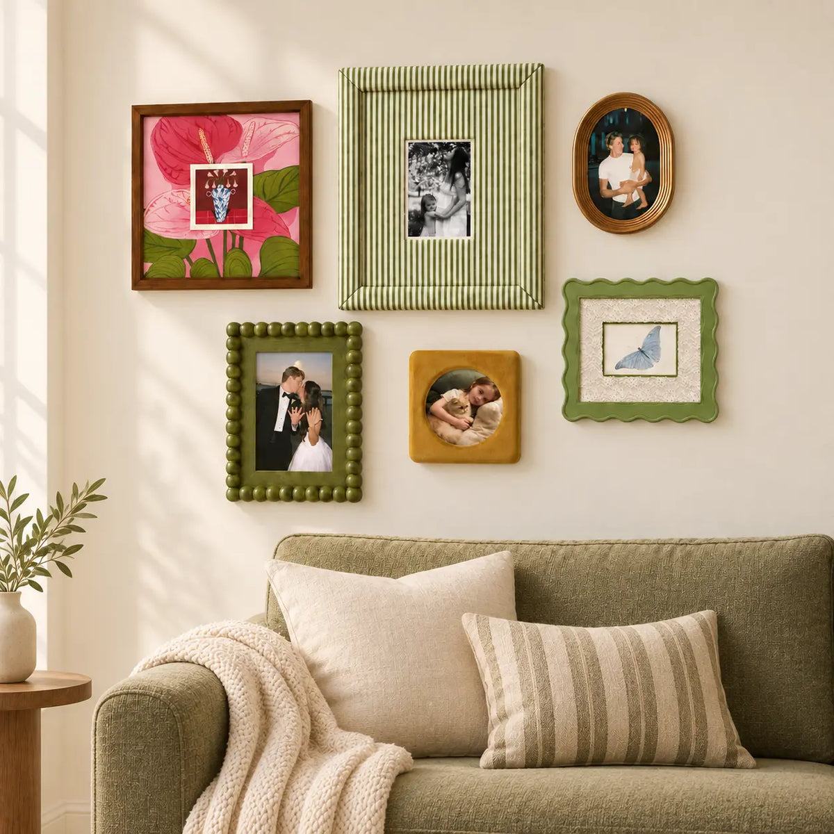 Eclectic Gallery Wall Set of 6, Mixed Picture Frames with Green Striped, Velvet, and Scalloped Frames, Aesthetic Photo Frame Kit for Living Room Framzoo