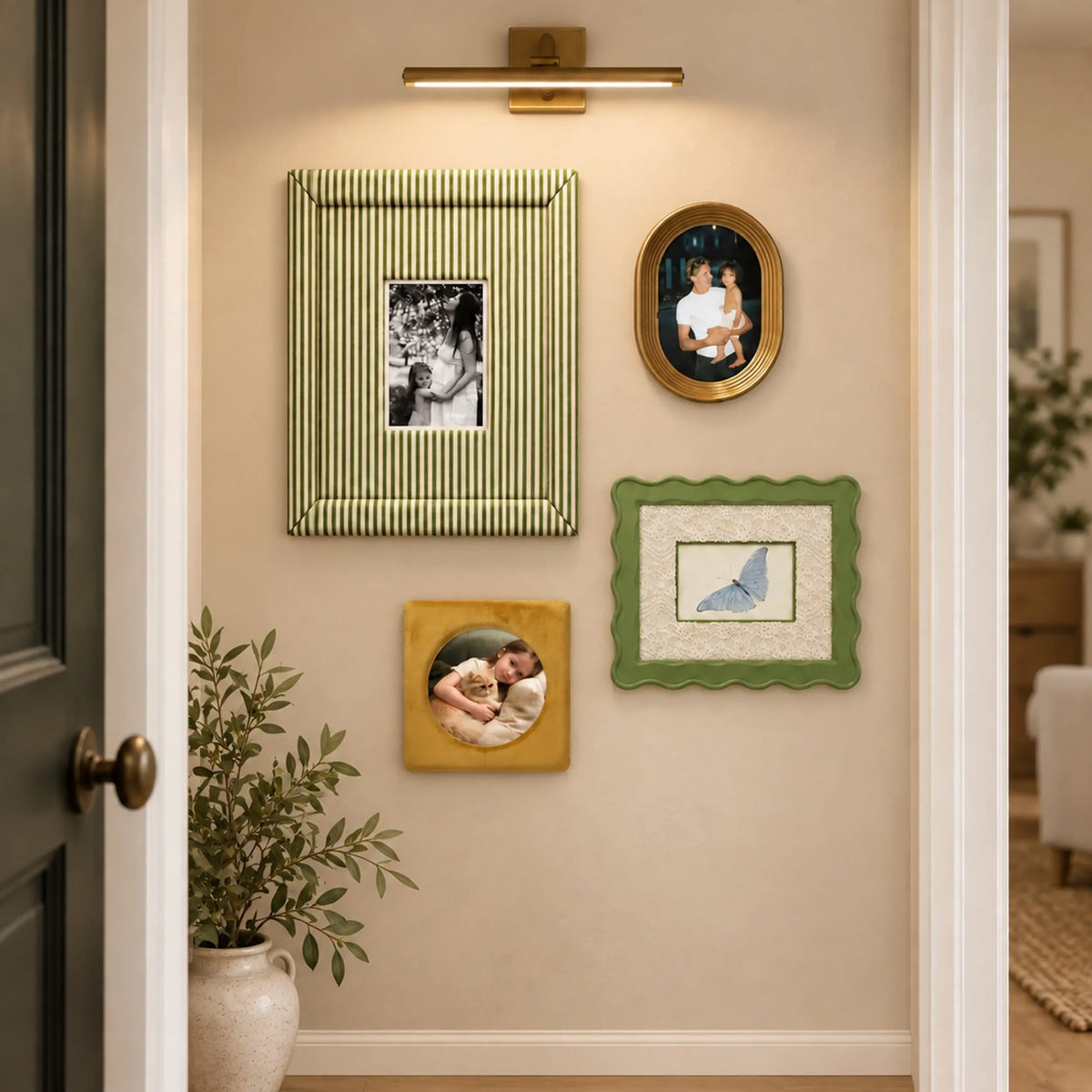 Eclectic Gallery Wall Set of 6, Mixed Picture Frames with Green Striped, Velvet, and Scalloped Frames, Aesthetic Photo Frame Kit for Living Room Framzoo