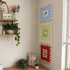 Folk Art Decorated Picture Frame Set of 3 ( 5X7 ), Scandinavian Star & Scallop Border Frames, Green Blue Red Whimsical Gallery Wall Frames Framzoo