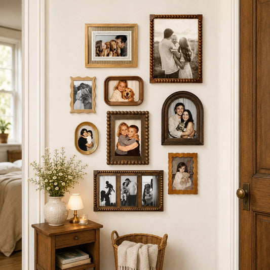 Collector Picture Frame Set of 9 | Beaded Wood Gallery Wall Frames | Rustic Farmhouse Photo Display | Vintage Scalloped Arched Frames | Boho Wall Decor | Carved Wooden Frame Collection Framzoo
