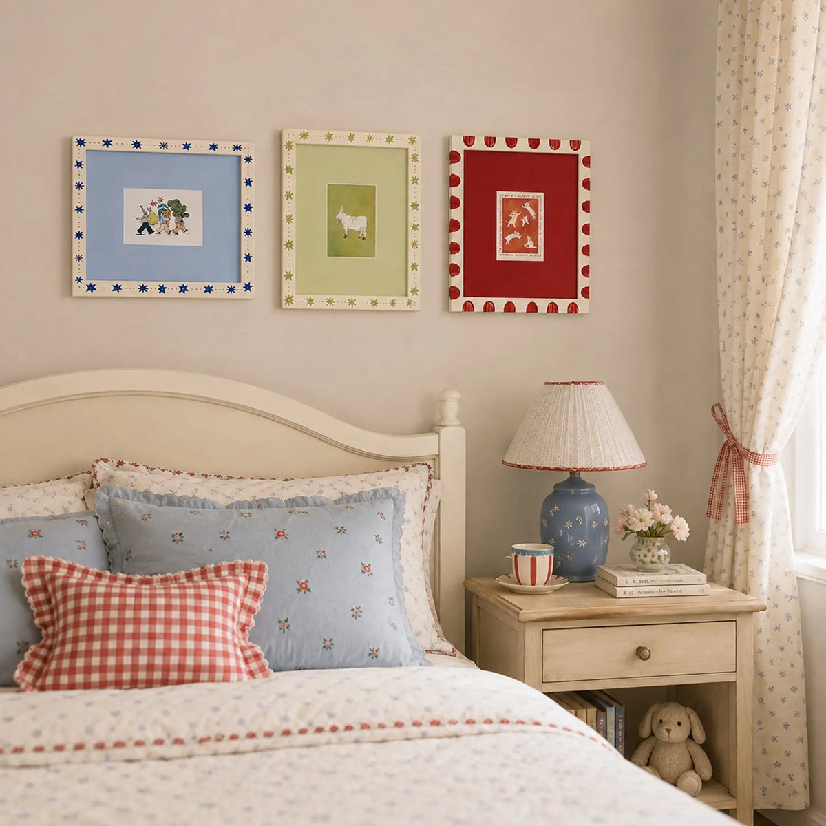 Folk Art Decorated Picture Frame Set of 3 ( 5X7 ), Scandinavian Star & Scallop Border Frames, Green Blue Red Whimsical Gallery Wall Frames Framzoo