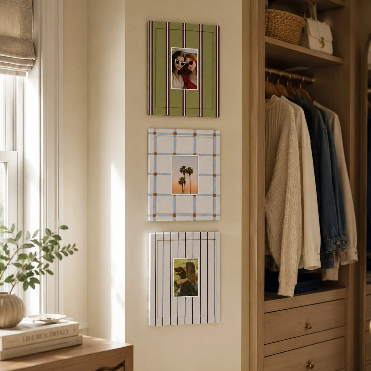 Rainbow Picture Frame Set of 6 | Fabric Wrapped Striped Frames | Olive Green Cream Blue Gallery Wall | Modern Farmhouse Photo Frames | Textured Home Wall Art Display Framzoo