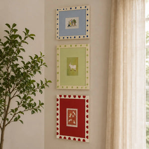 Folk Art Decorated Picture Frame Set of 3 ( 5X7 ), Scandinavian Star & Scallop Border Frames, Green Blue Red Whimsical Gallery Wall Frames Framzoo