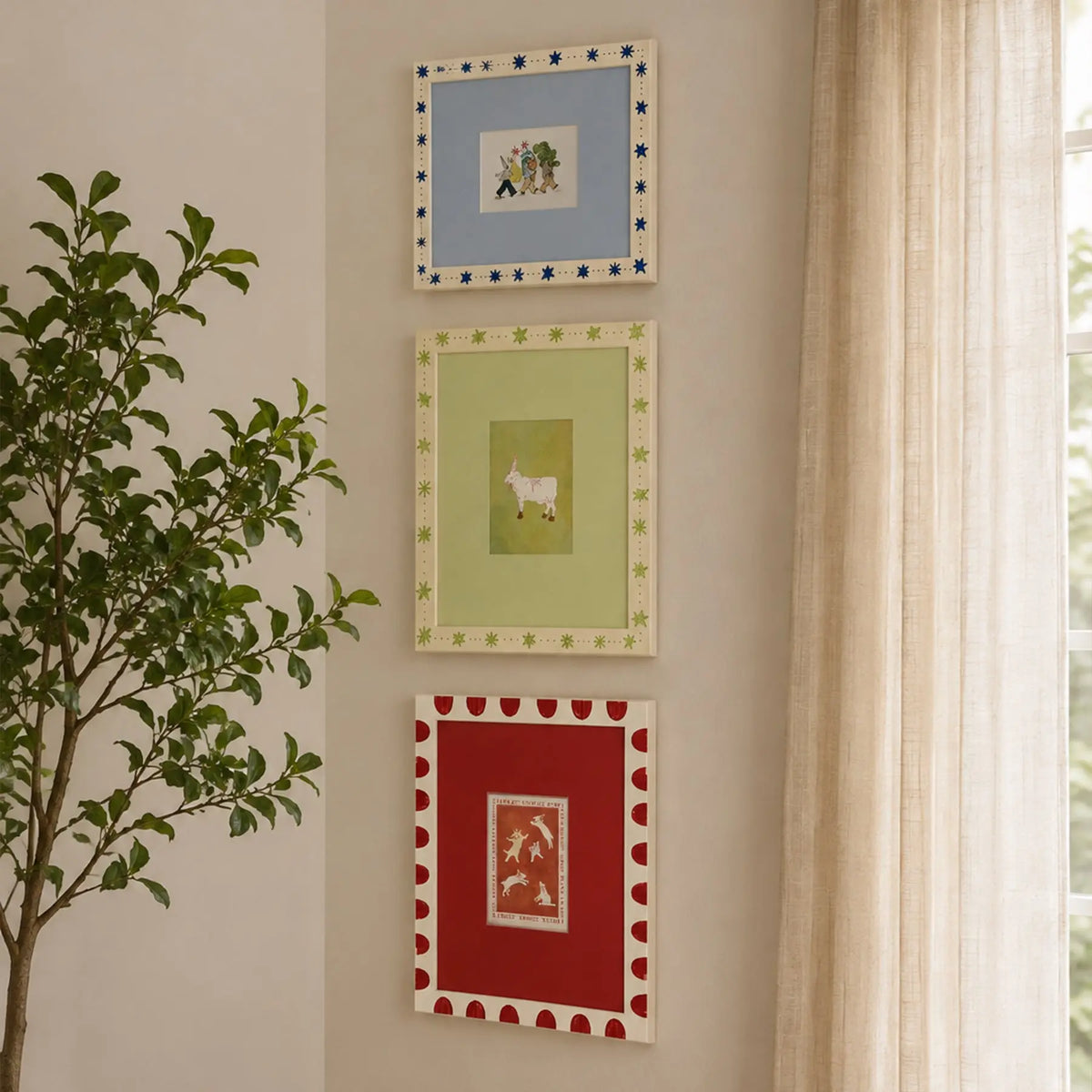 Folk Art Decorated Picture Frame Set of 3 ( 5X7 ), Scandinavian Star & Scallop Border Frames, Green Blue Red Whimsical Gallery Wall Frames Framzoo