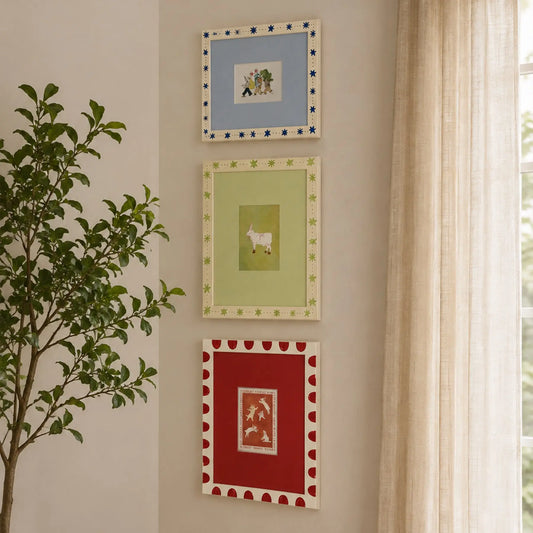 Folk Art Decorated Picture Frame Set of 3 ( 5X7 ), Scandinavian Star & Scallop Border Frames, Green Blue Red Whimsical Gallery Wall Frames Framzoo