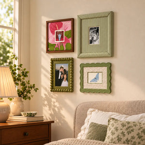 Eclectic Gallery Wall Set of 6, Mixed Picture Frames with Green Striped, Velvet, and Scalloped Frames, Aesthetic Photo Frame Kit for Living Room Framzoo