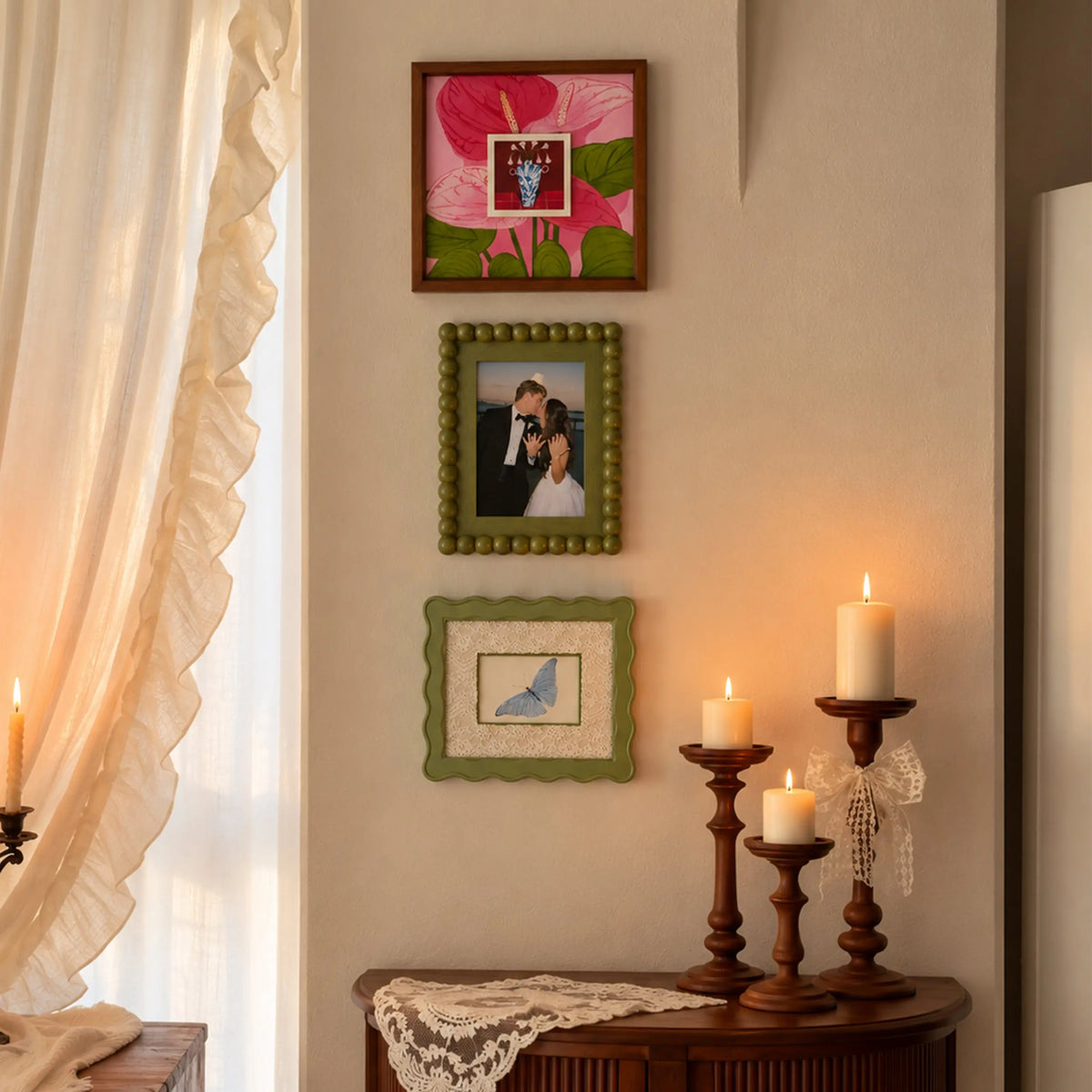Eclectic Gallery Wall Set of 6, Mixed Picture Frames with Green Striped, Velvet, and Scalloped Frames, Aesthetic Photo Frame Kit for Living Room Framzoo