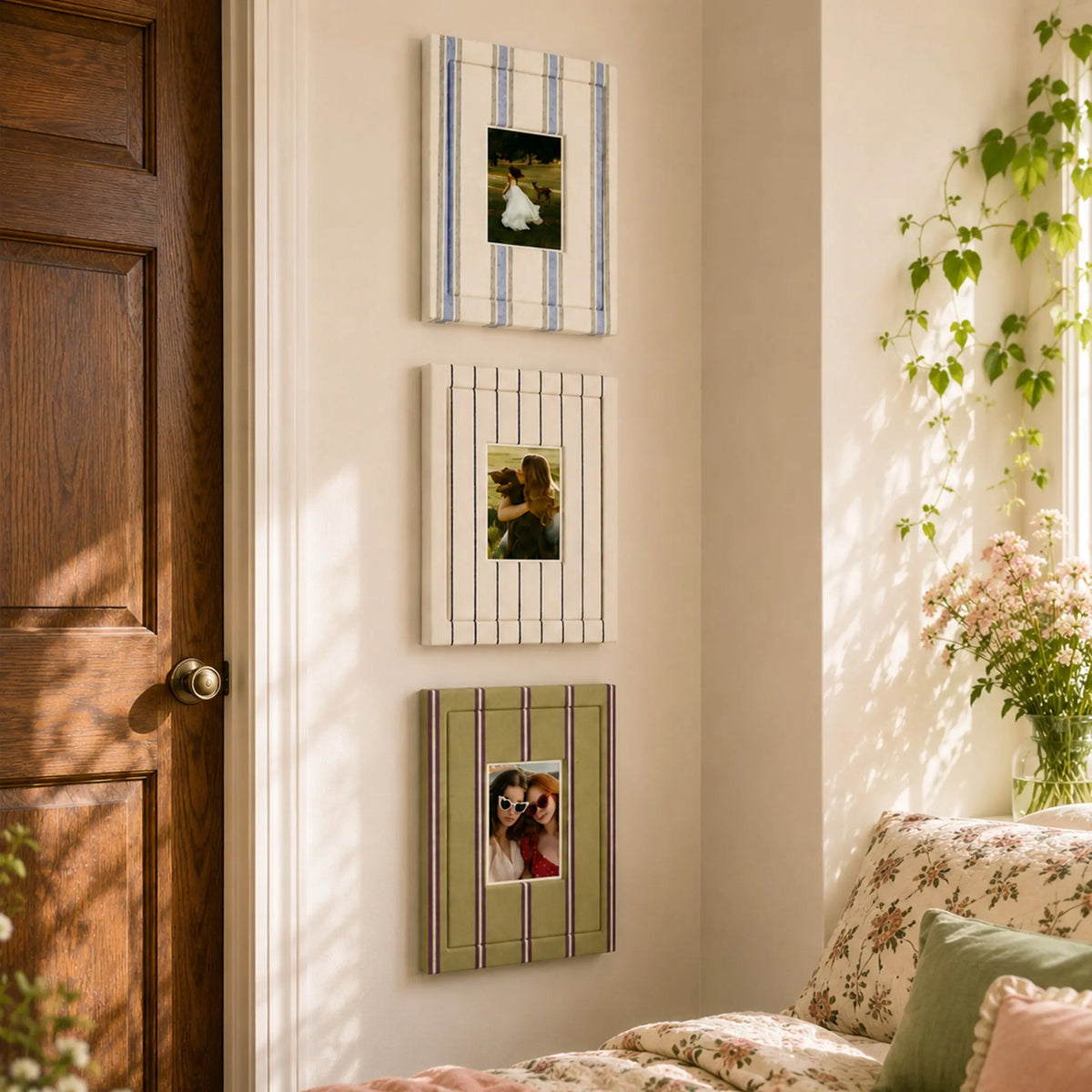 Rainbow Picture Frame Set of 6 | Fabric Wrapped Striped Frames | Olive Green Cream Blue Gallery Wall | Modern Farmhouse Photo Frames | Textured Home Wall Art Display Framzoo