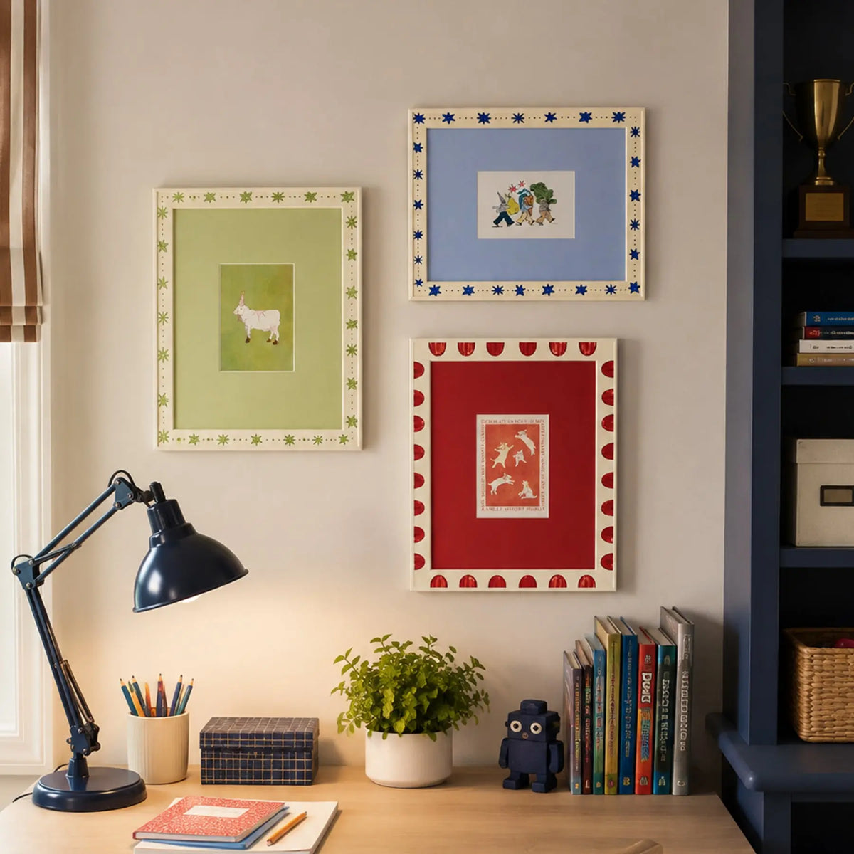 Folk Art Decorated Picture Frame Set of 3 ( 5X7 ), Scandinavian Star & Scallop Border Frames, Green Blue Red Whimsical Gallery Wall Frames Framzoo