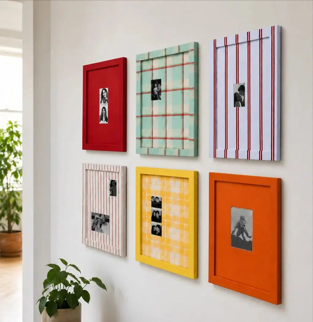 Eclectic Gallery Wall Frame Set – 6 Vintage Plaid Stripe Photo Frames-Photo paper size(2x1.5*4/2.5x3.5/5x7) Framzoo