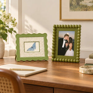 Eclectic Gallery Wall Set of 6, Mixed Picture Frames with Green Striped, Velvet, and Scalloped Frames, Aesthetic Photo Frame Kit for Living Room Framzoo