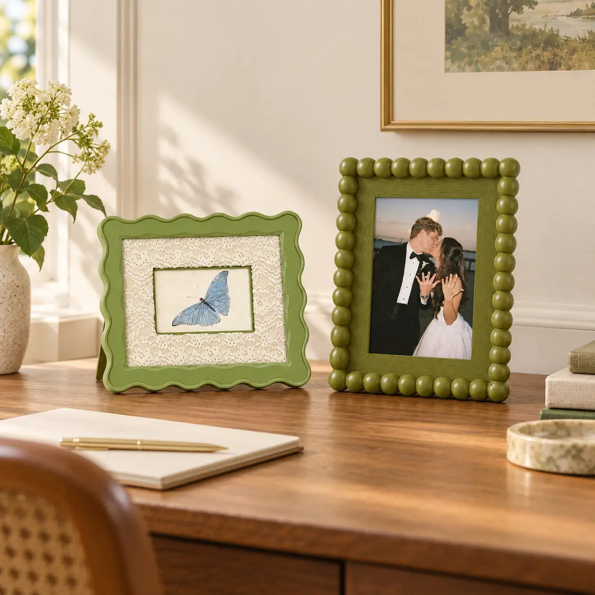 Eclectic Gallery Wall Set of 6, Mixed Picture Frames with Green Striped, Velvet, and Scalloped Frames, Aesthetic Photo Frame Kit for Living Room Framzoo