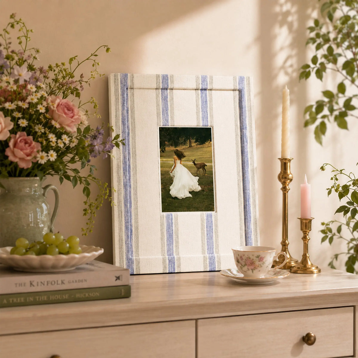 Rainbow Picture Frame Set of 6 | Fabric Wrapped Striped Frames | Olive Green Cream Blue Gallery Wall | Modern Farmhouse Photo Frames | Textured Home Wall Art Display Framzoo
