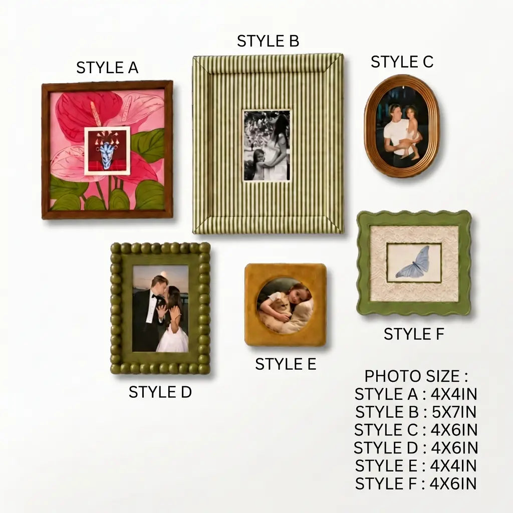 Eclectic Gallery Wall Set of 6, Mixed Picture Frames with Green Striped, Velvet, and Scalloped Frames, Aesthetic Photo Frame Kit for Living Room Framzoo