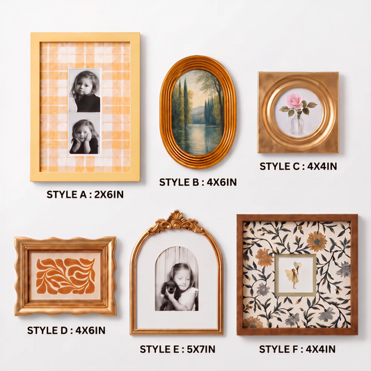 Golden Vintage Gallery Wall Set of 6, Mixed Picture Frames with Gold Ornate Arch, Plaid, and Scalloped Frames, Aesthetic Living Room Decor Framzoo